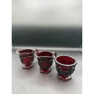 Vintage Avon “1876 Cape Cod” Ruby Red Glass Sugar Bowl w/Two Creamers
